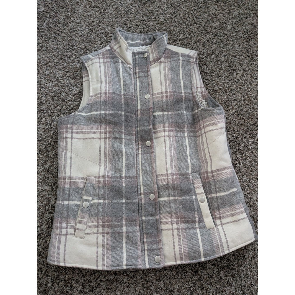 Harper Heritage Vest Sherpa Lined‎ Gray Creme Plaid Small Fall Winter